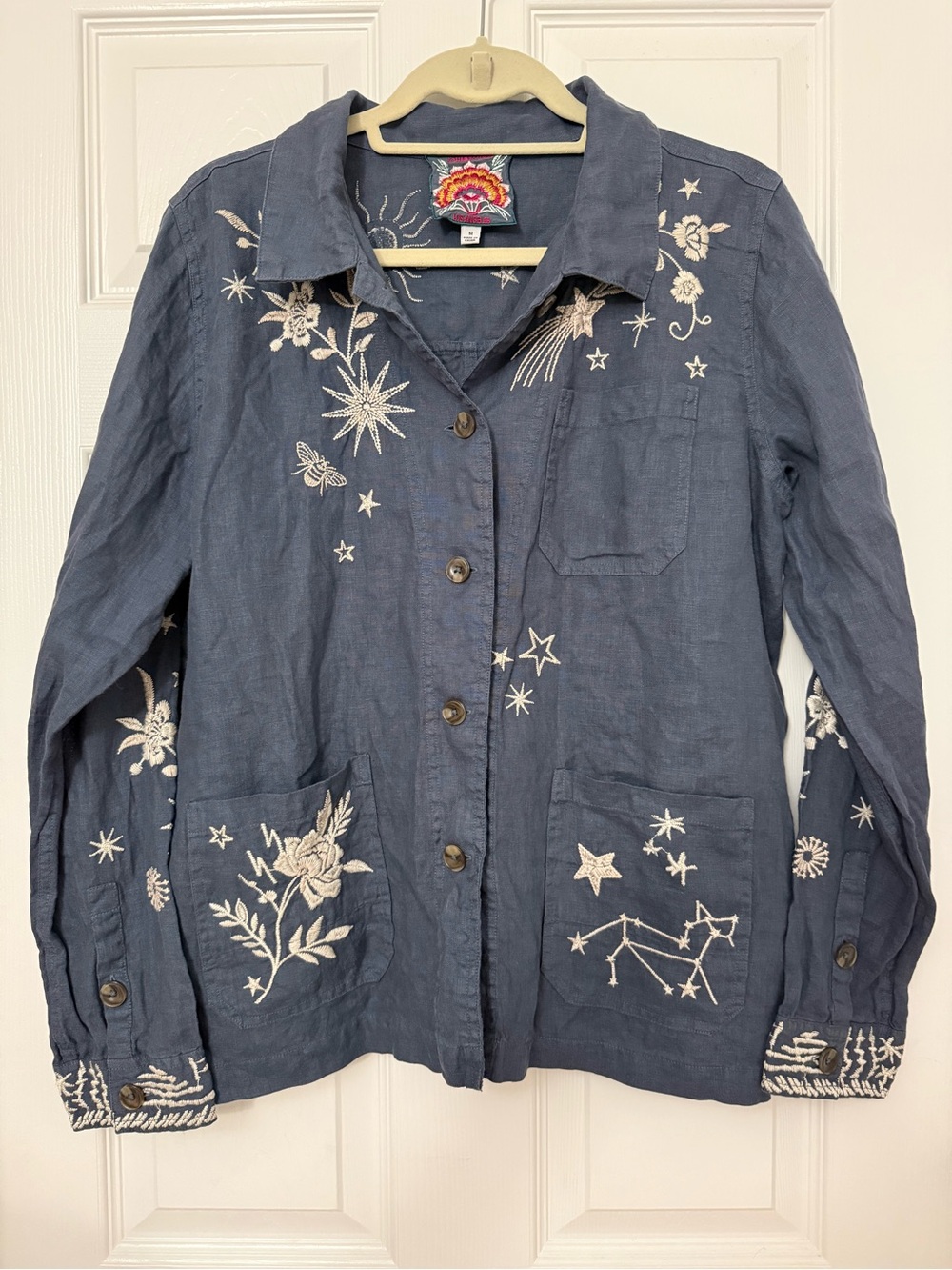 Johnny Was Navy Blue Embroidered Linen Button-Down Shirt